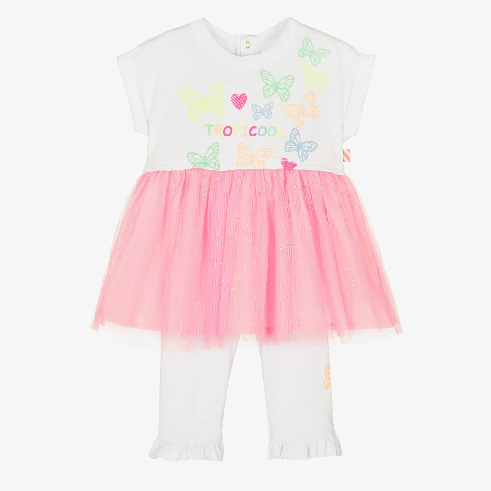 Billieblush - طقم فستان أطفال بناتي قطن وتول لون أبيض وزهري | Childrensalon