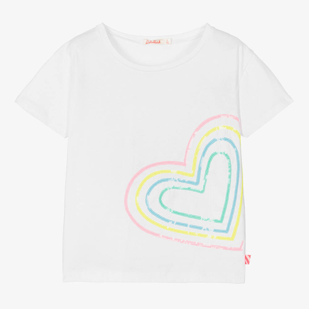 Billieblush - Girls White Sequin Heart Cotton T-Shirt | Childrensalon
