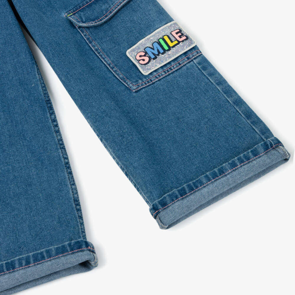 Billieblush-Girls Wide-Leg Blue Denim Cargo | Childrensalon Outlet
