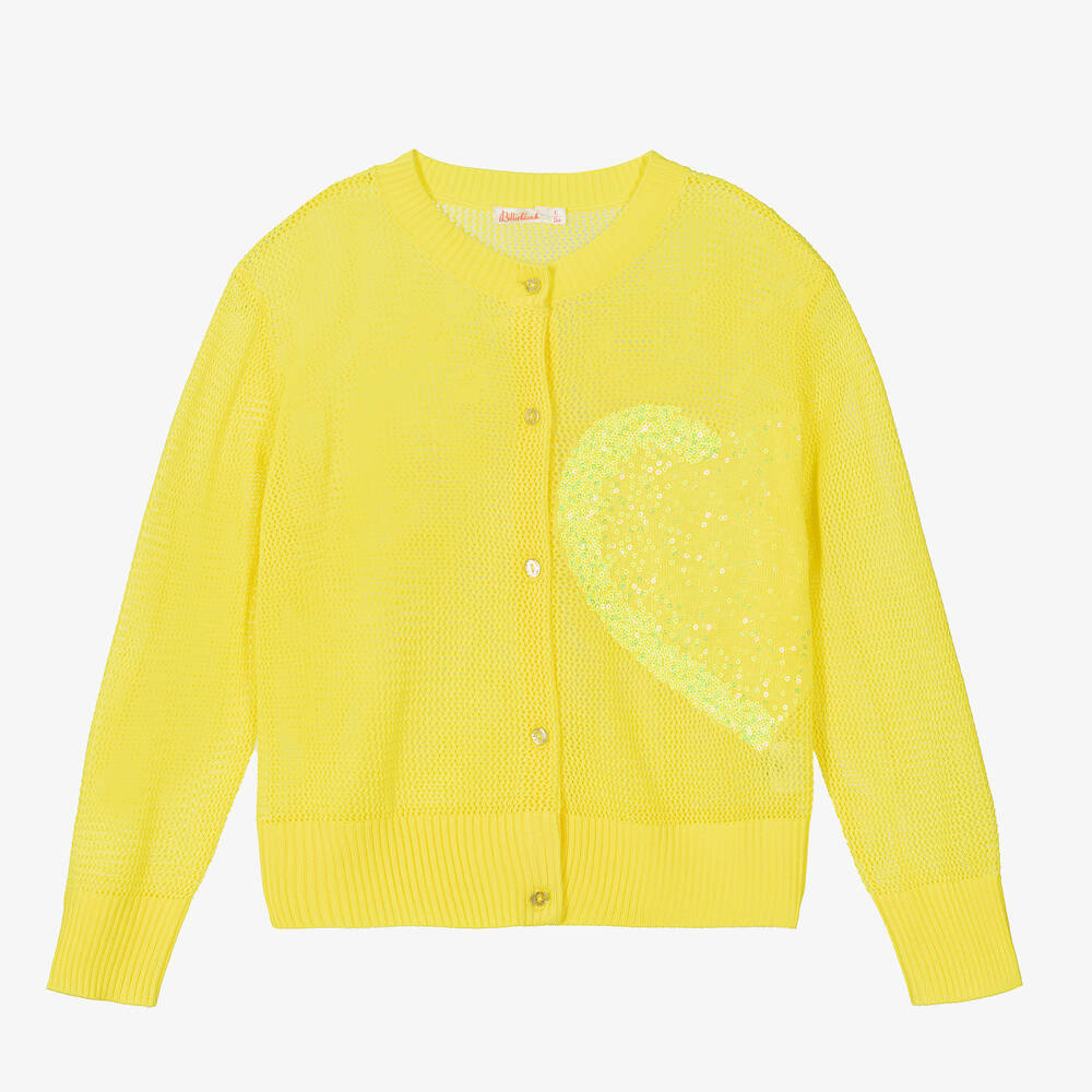 Billieblush - Girls Yellow Sequin Heart Knit Cardigan | Childrensalon