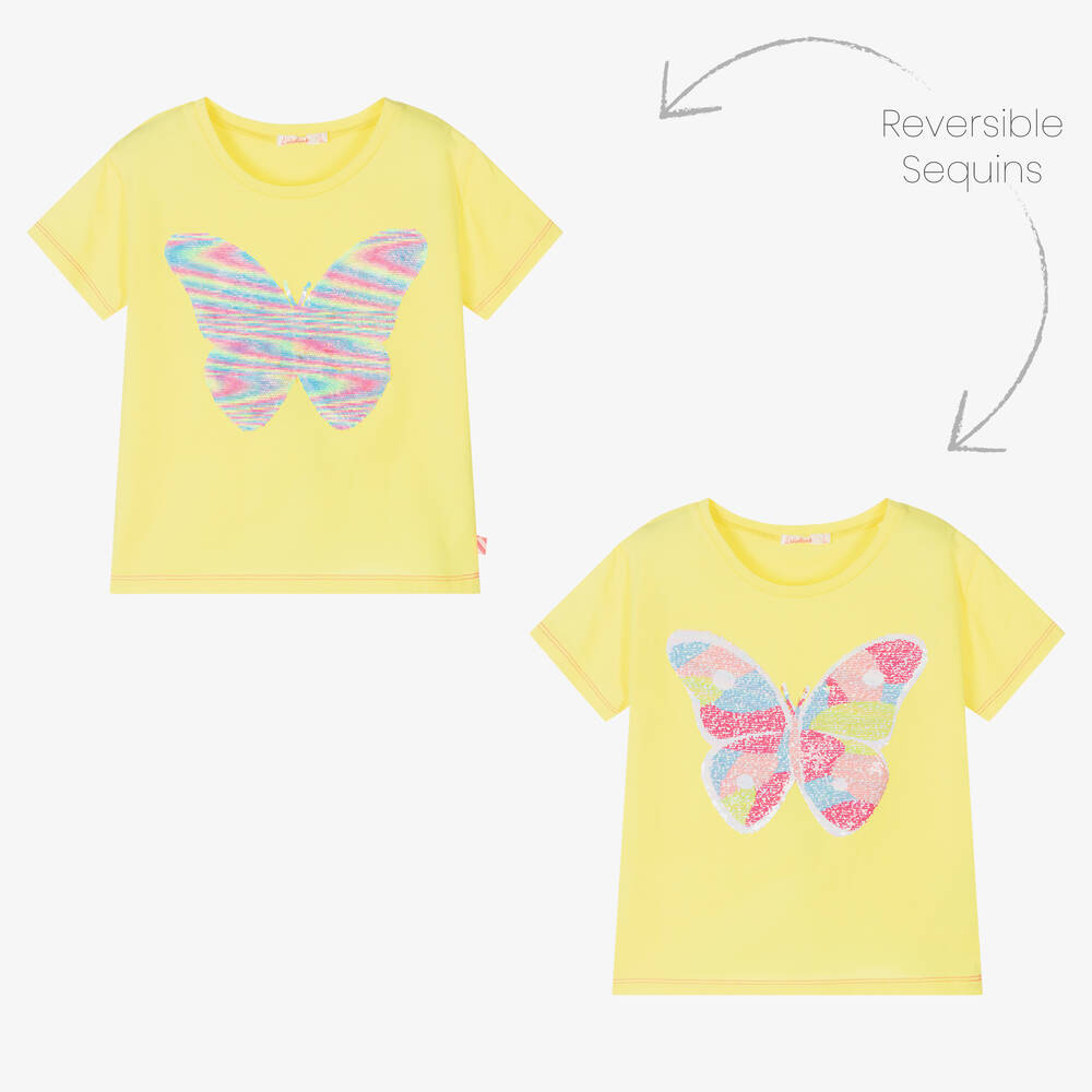 Billieblush - T-shirt jaune papillons à sequins | Childrensalon
