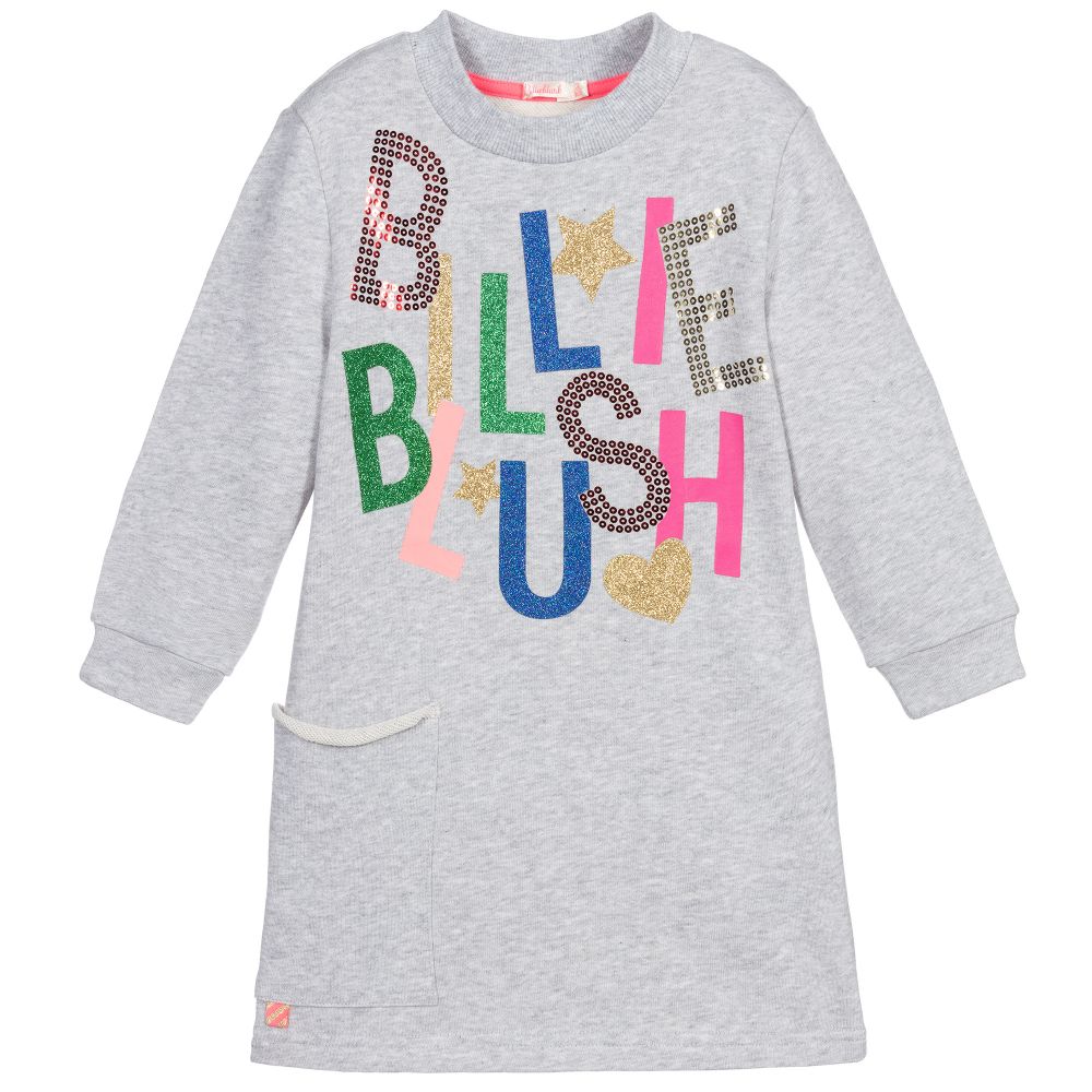 Billieblush - فستان قطن لون رمادي بطبعة لوغو  | Childrensalon