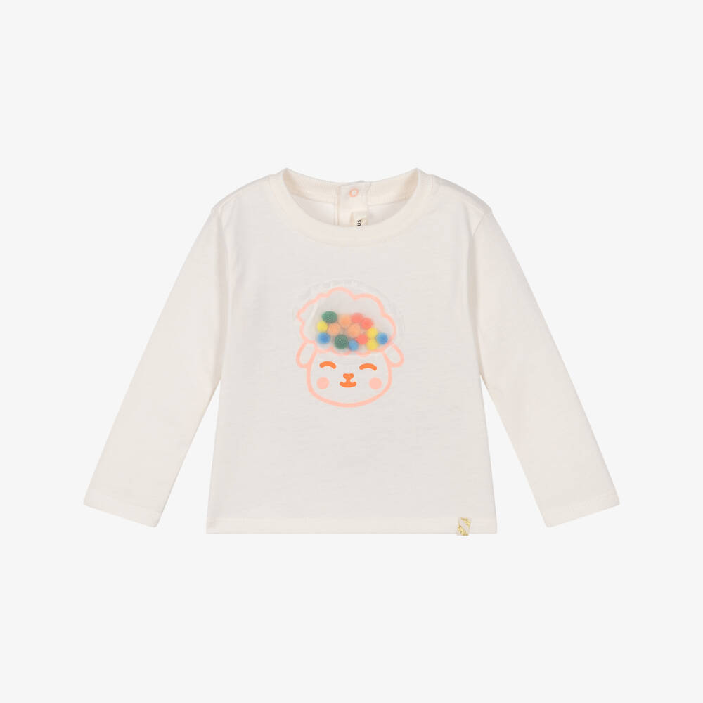 Billieblush-Ivory Sheep Pom Pom Long Sleeve Top | Childrensalon Outlet