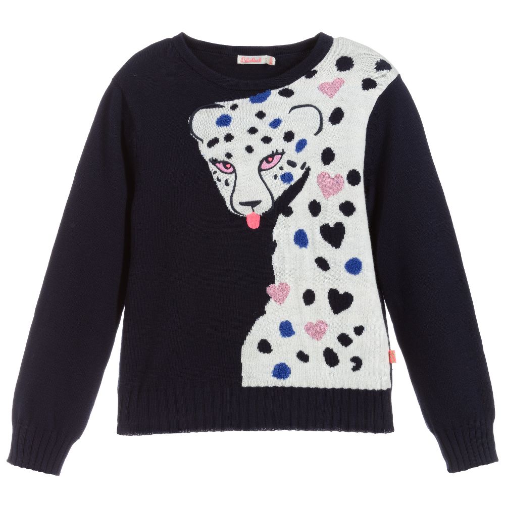 Billieblush - Pull bleu marine en guépard | Childrensalon