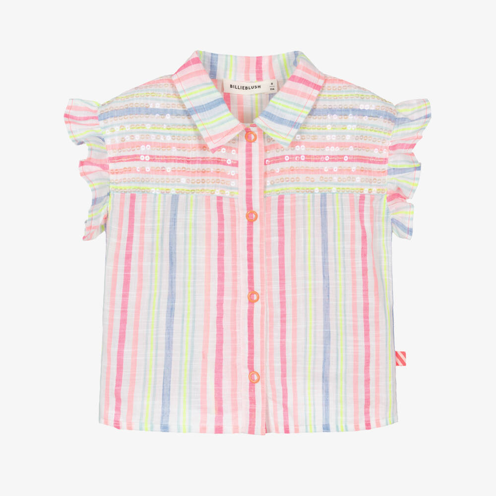 Billieblush-Pink Stripe Frill Shoulder Blouse | Childrensalon Outlet