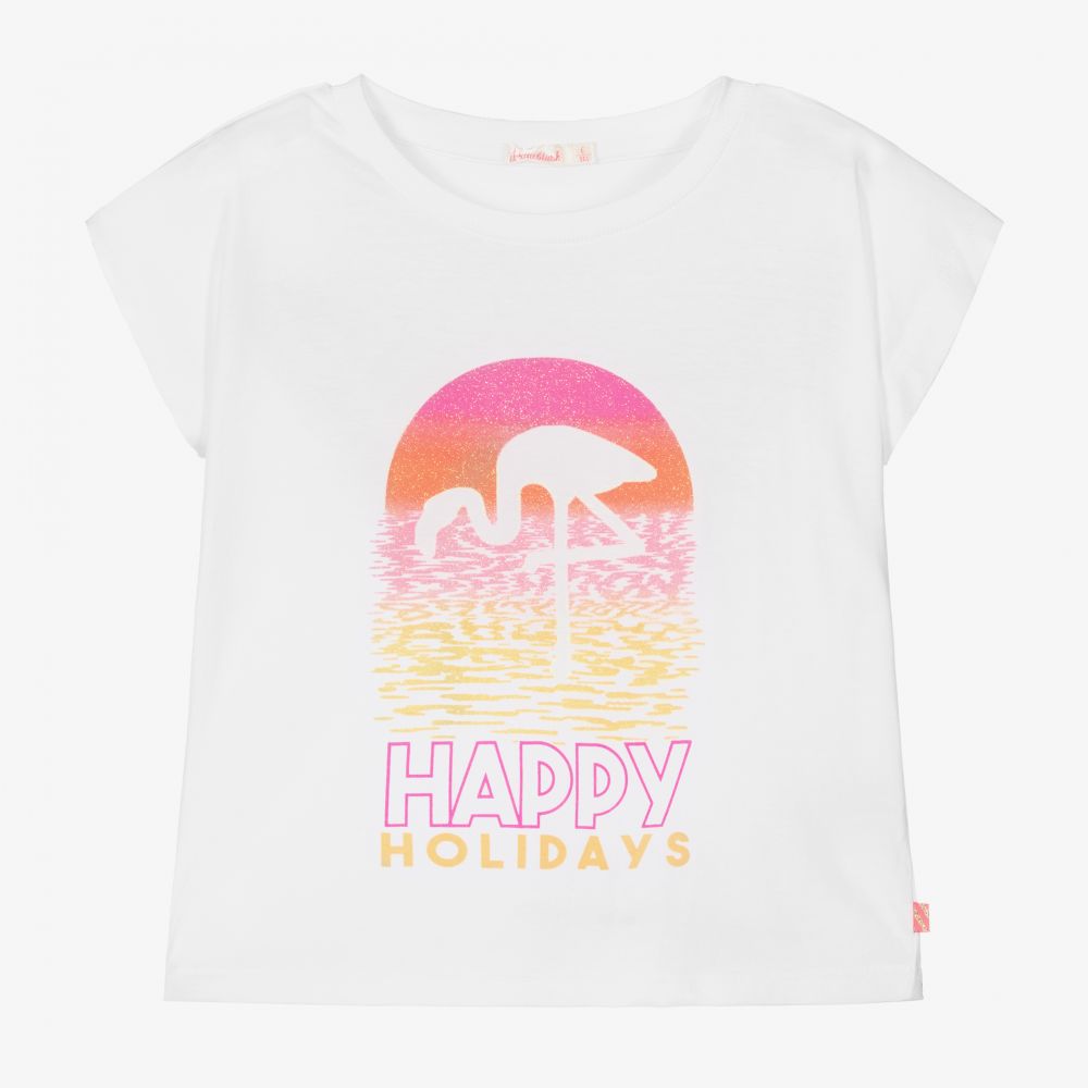 Billieblush - T-shirt blanc en coton Flamant rose | Childrensalon