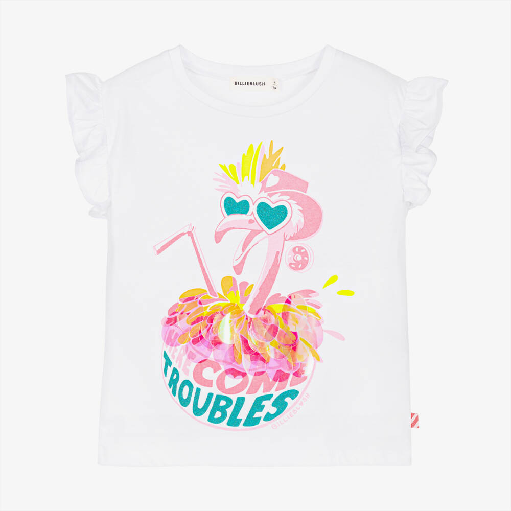 Billieblush-Белая футболка с фламинго и пайетками для девочек | Childrensalon Outlet