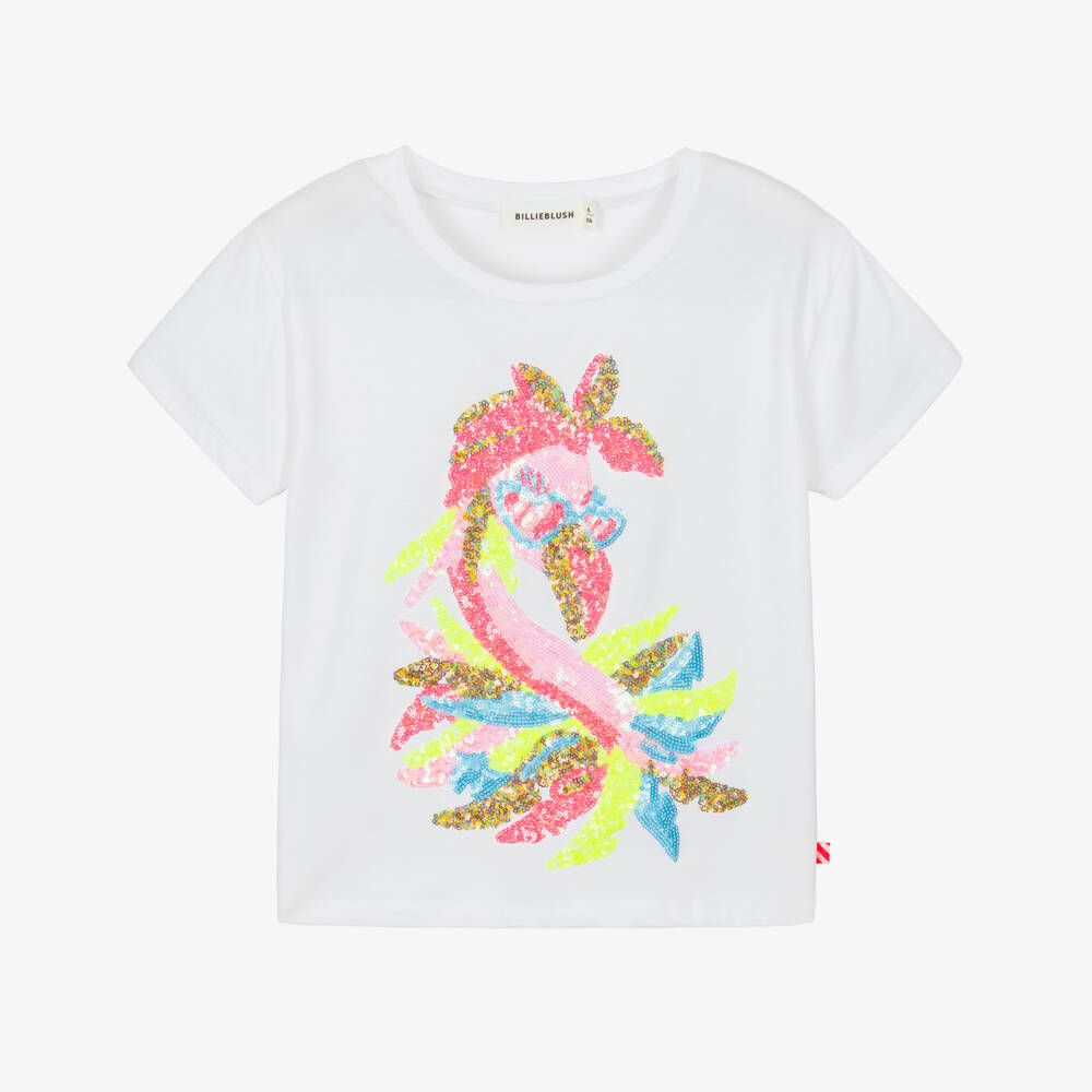 Billieblush-Белая футболка с фламинго из пайеток для девочек | Childrensalon Outlet