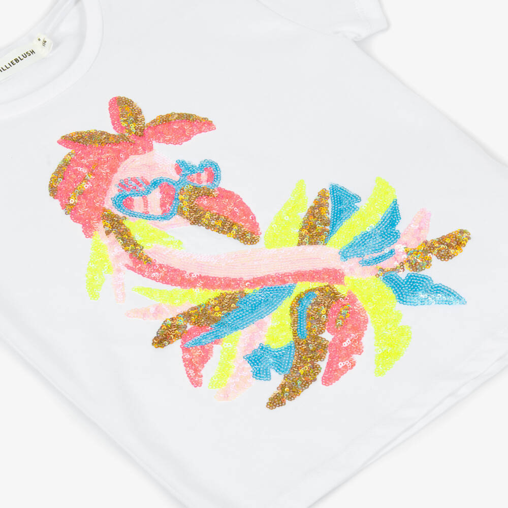 Billieblush-Белая футболка с фламинго из пайеток для девочек | Childrensalon Outlet