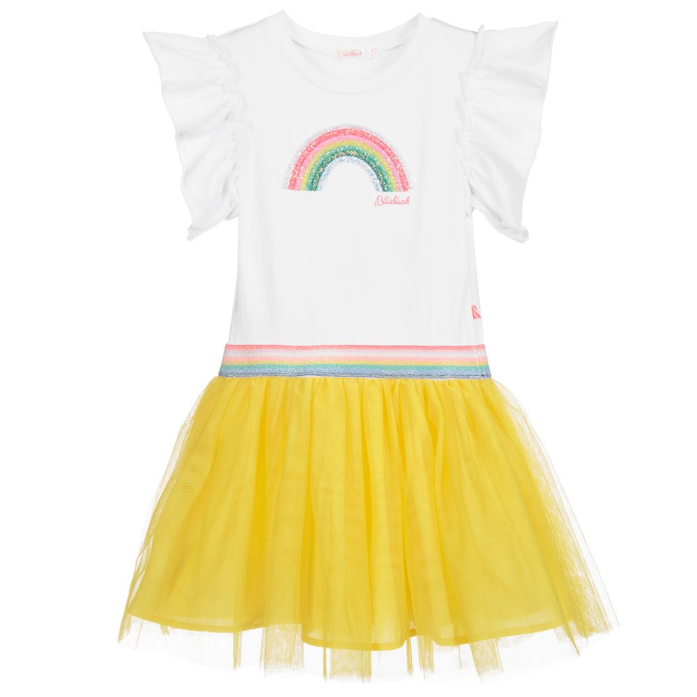 Billieblush - Baumwollkleid in Weiß und Gelb | Childrensalon