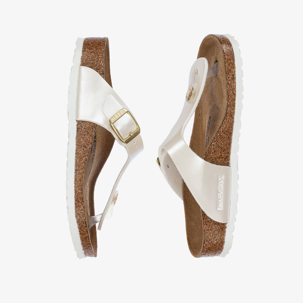 Birkenstock-Girls Metallic White T-Bar Sandals | Childrensalon Outlet