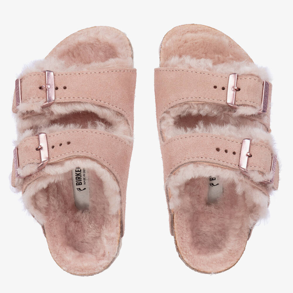 Birkenstock - Girls Pale Pink Suede & Shearling Sandals | Childrensalon