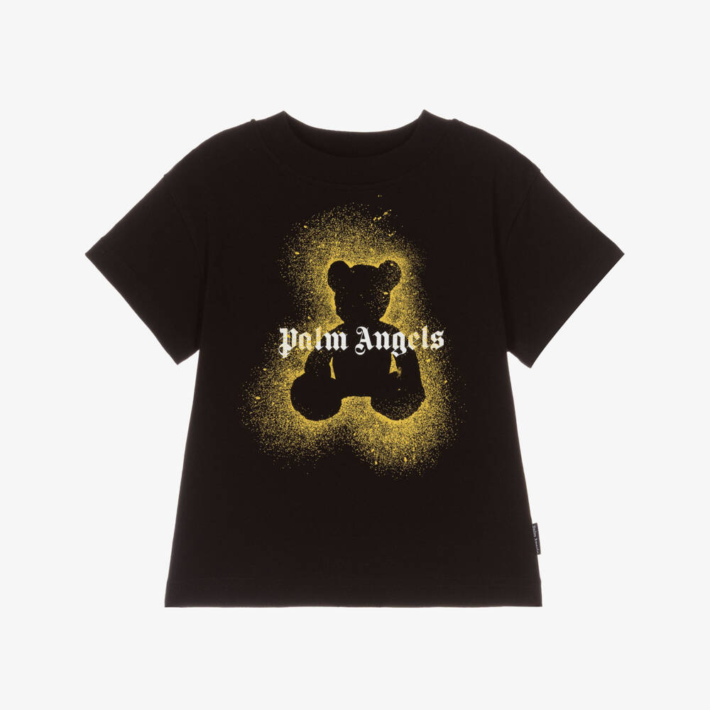 Palm Angels-Black Cotton T-Shirt with Yellow Spray Paint Bear | Childrensalon Outlet
