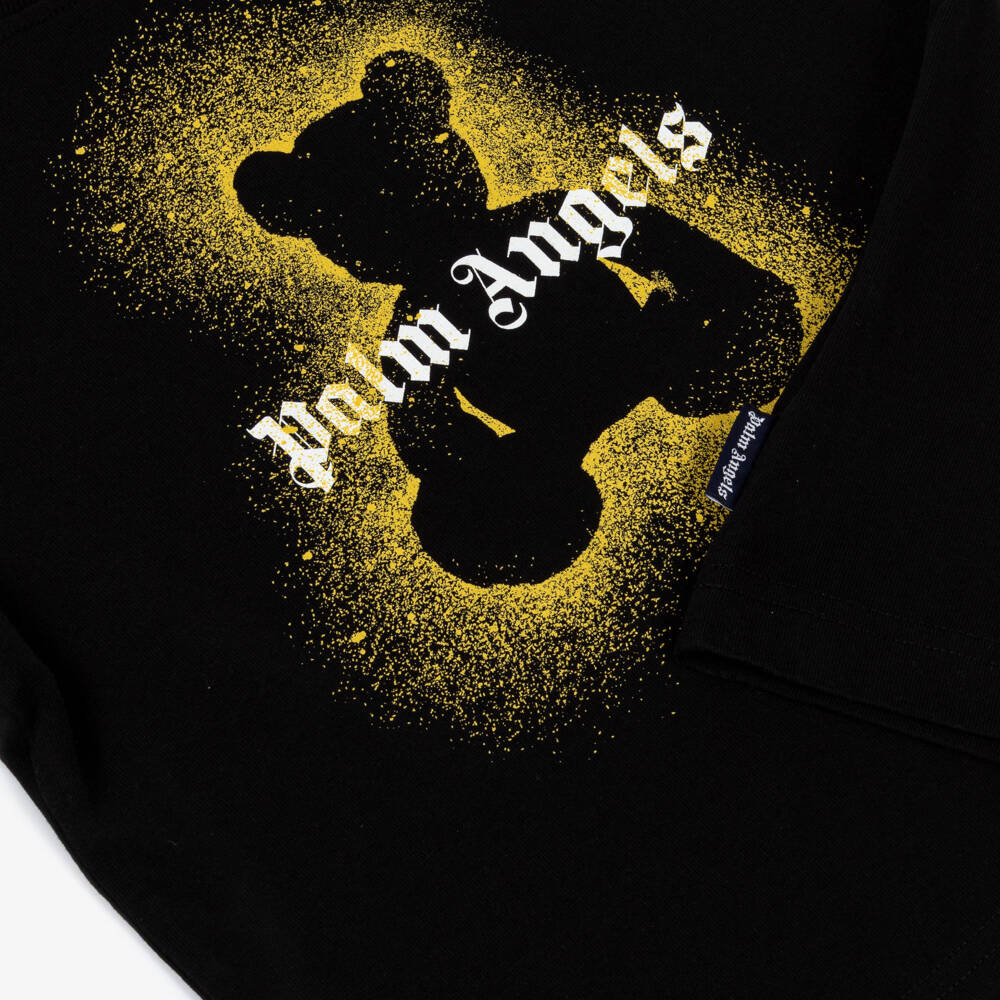 Palm Angels-Black Cotton T-Shirt with Yellow Spray Paint Bear | Childrensalon Outlet