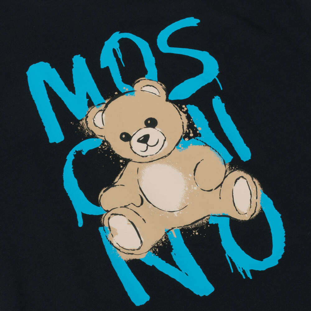 Moschino-Black Cotton Teddy Bear T-Shirt with Graffiti Logo | Childrensalon Outlet