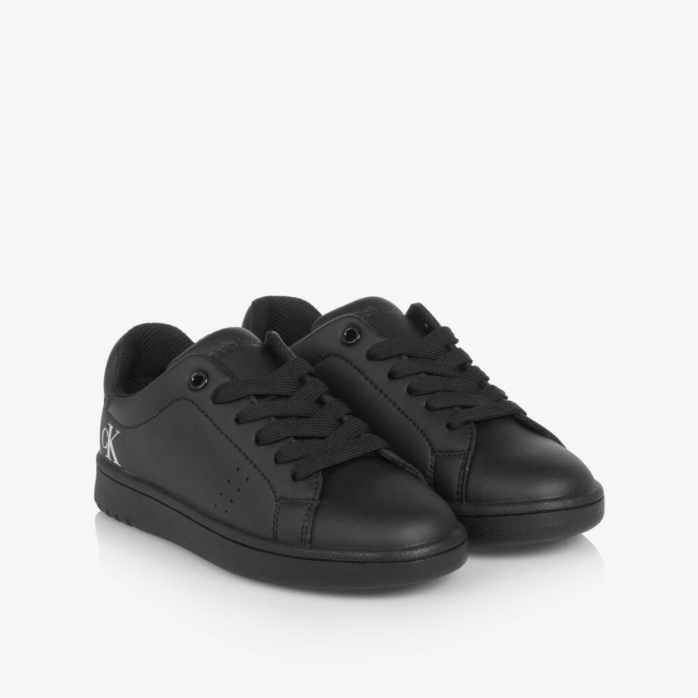 Calvin Klein-Black Faux Leather CK Logo Lace-Up Trainers | Childrensalon Outlet
