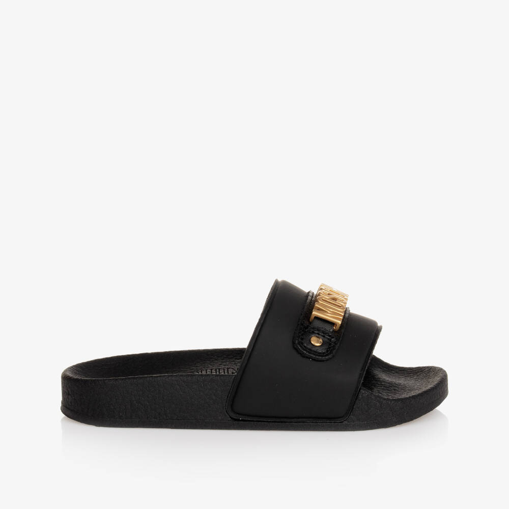 Moschino Kid-Teen-Black & Gold Metal Logo Sliders | Childrensalon Outlet