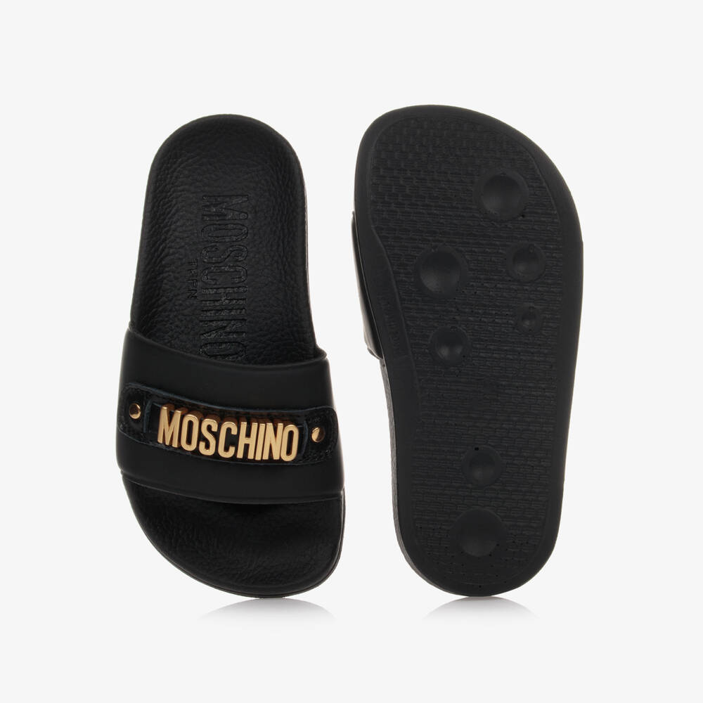 Moschino Kid-Teen-Black & Gold Metal Logo Sliders | Childrensalon Outlet