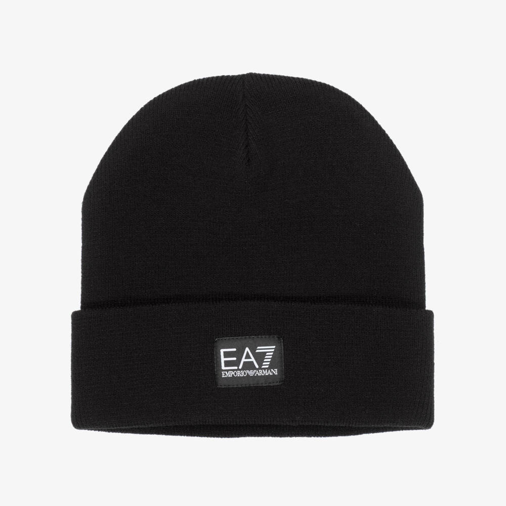 EA7 Emporio Armani-Black Knitted Beanie with Logo | Childrensalon Outlet