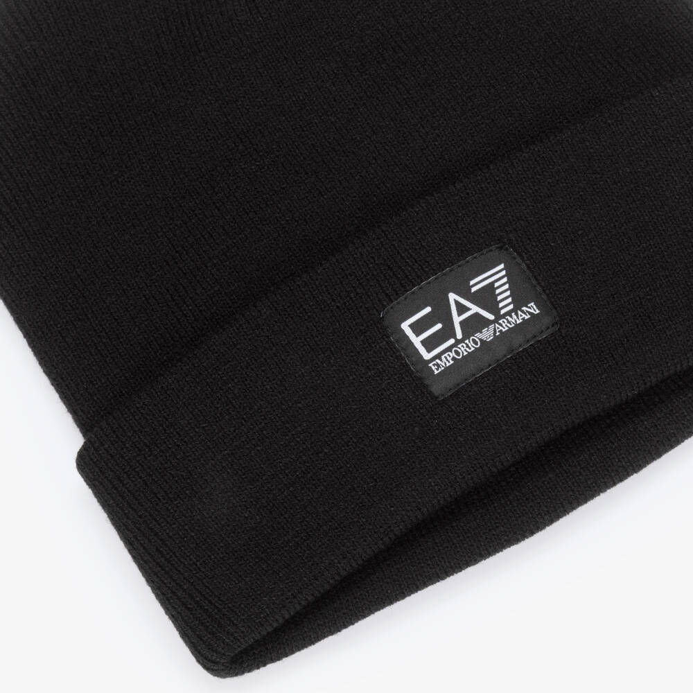 EA7 Emporio Armani-Black Knitted Beanie with Logo | Childrensalon Outlet