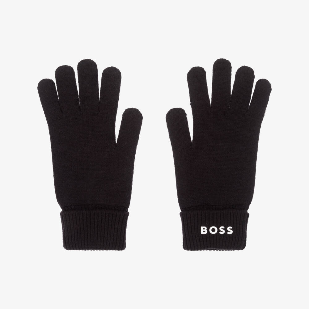 BOSS-Black Knitted Gloves with White Logo | Childrensalon Outlet