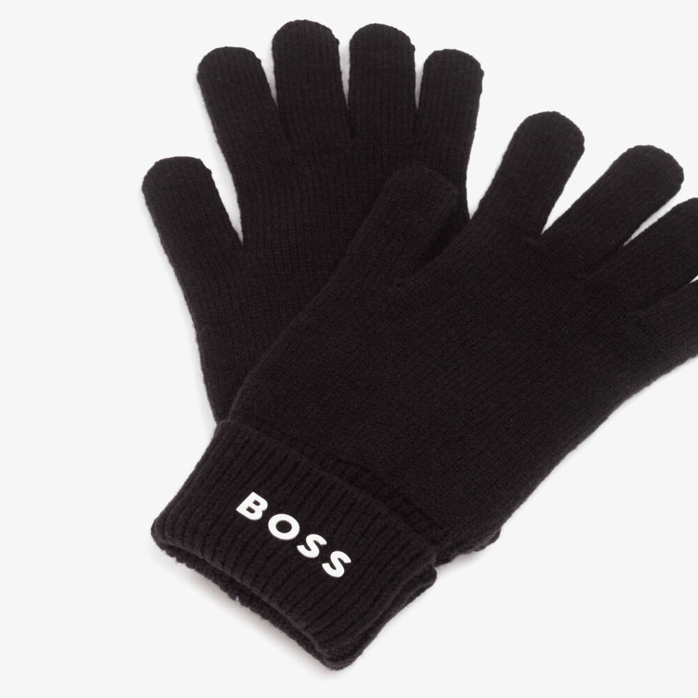 BOSS-Black Knitted Gloves with White Logo | Childrensalon Outlet