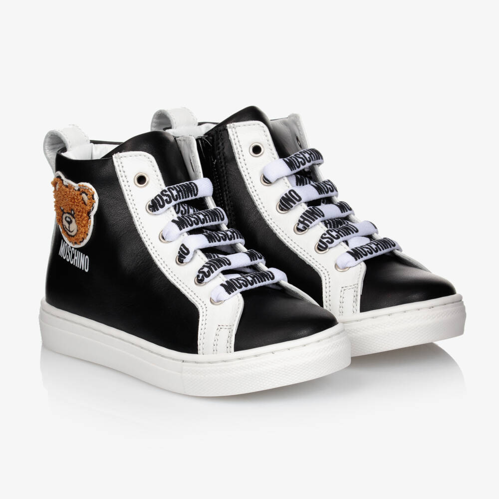 Moschino Кид-Тин-Black Leather High-Top Teddy Logo Trainers | Childrensalon Outlet