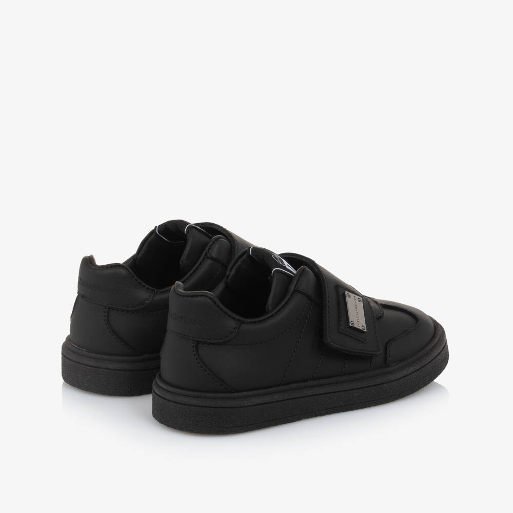 Dolce & Gabbana-Black Leather Logo Plate Velcro Trainers | Childrensalon Outlet