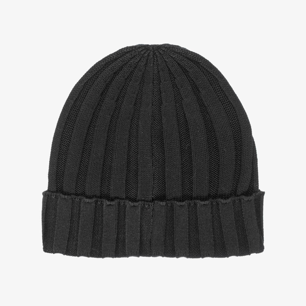 Tommy Hilfiger-Black Organic Cotton Ribbed Knit Beanie Hat | Childrensalon Outlet