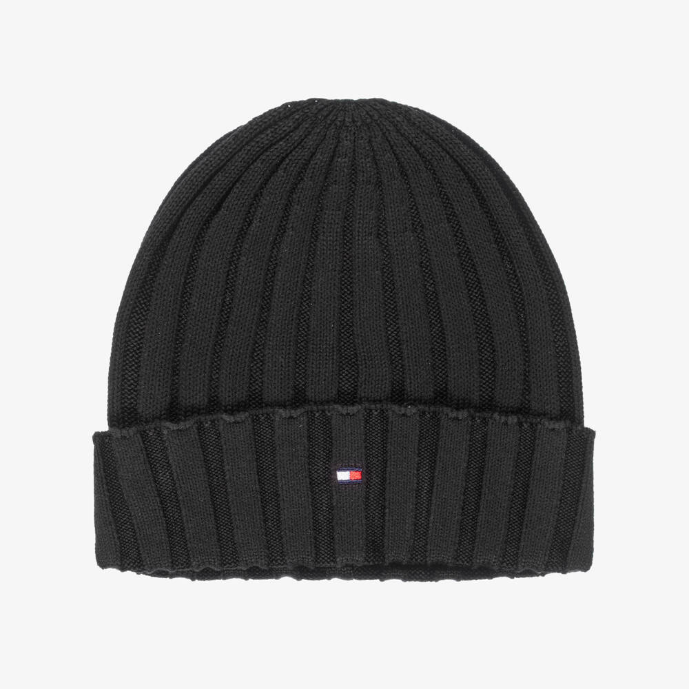 Tommy Hilfiger-Black Organic Cotton Ribbed Knit Beanie Hat | Childrensalon Outlet