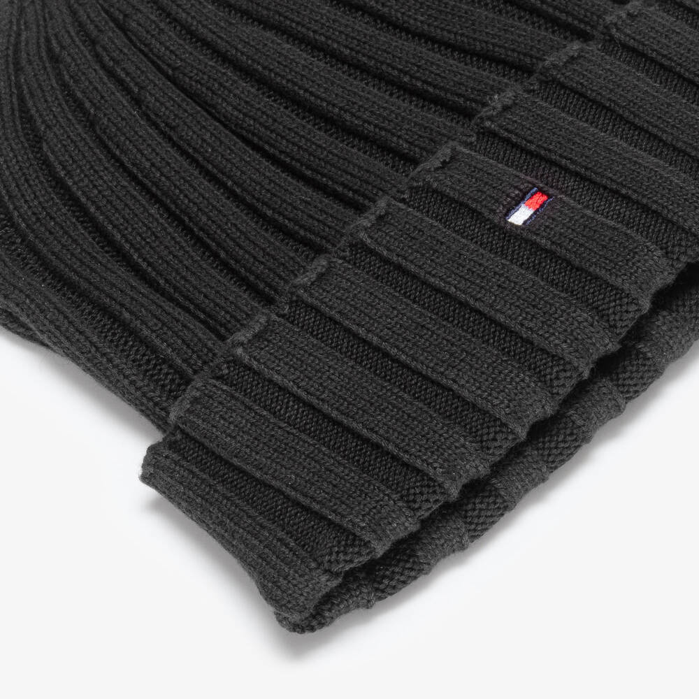 Tommy Hilfiger-Black Organic Cotton Ribbed Knit Beanie Hat | Childrensalon Outlet
