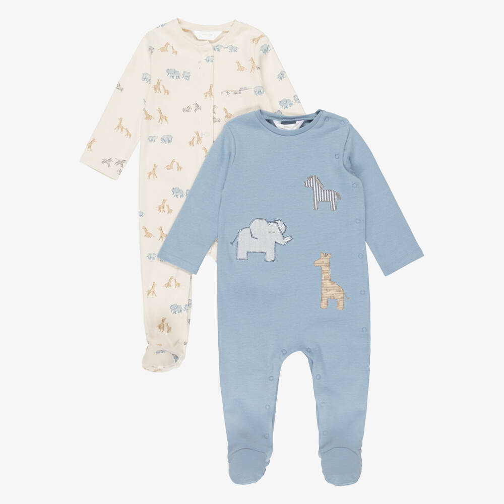 Mayoral Newborn-Blue & Beige Cotton Safari Animals Babysuits (2 Pack) | Childrensalon Outlet