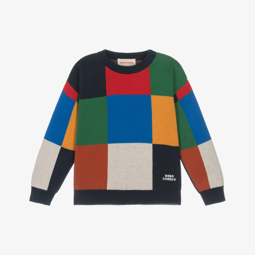 Bobo Choses-Blue Colourblock Checked Sweater | Childrensalon Outlet