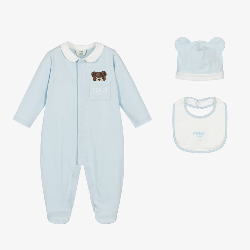 Fendi-Blue Cotton Jersey Teddy Bear Babysuit Set | Childrensalon Outlet