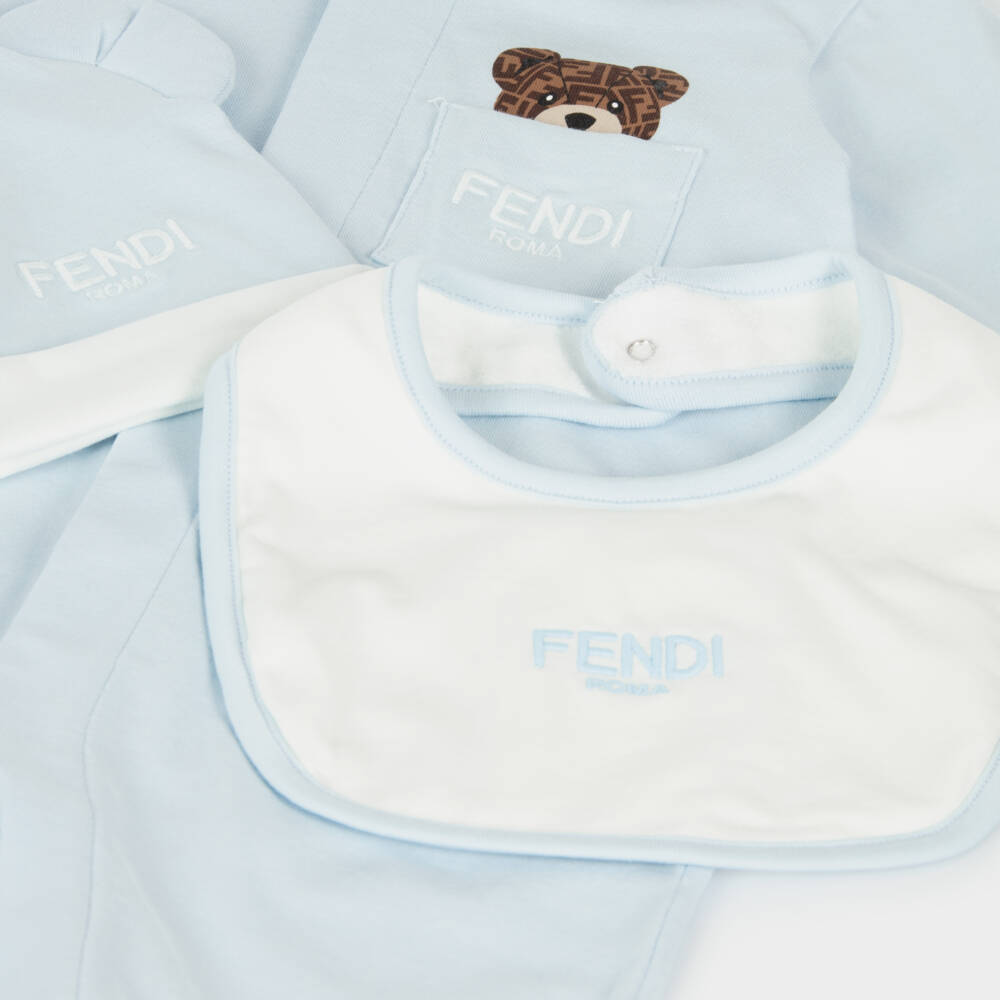 Fendi-Blue Cotton Jersey Teddy Bear Babysuit Set | Childrensalon Outlet