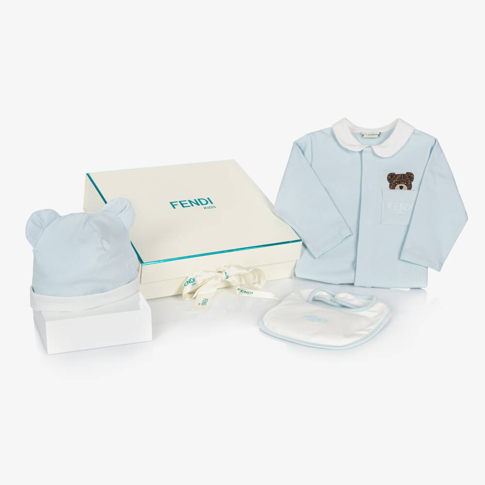 Fendi-Blue Cotton Jersey Teddy Bear Babysuit Set | Childrensalon Outlet