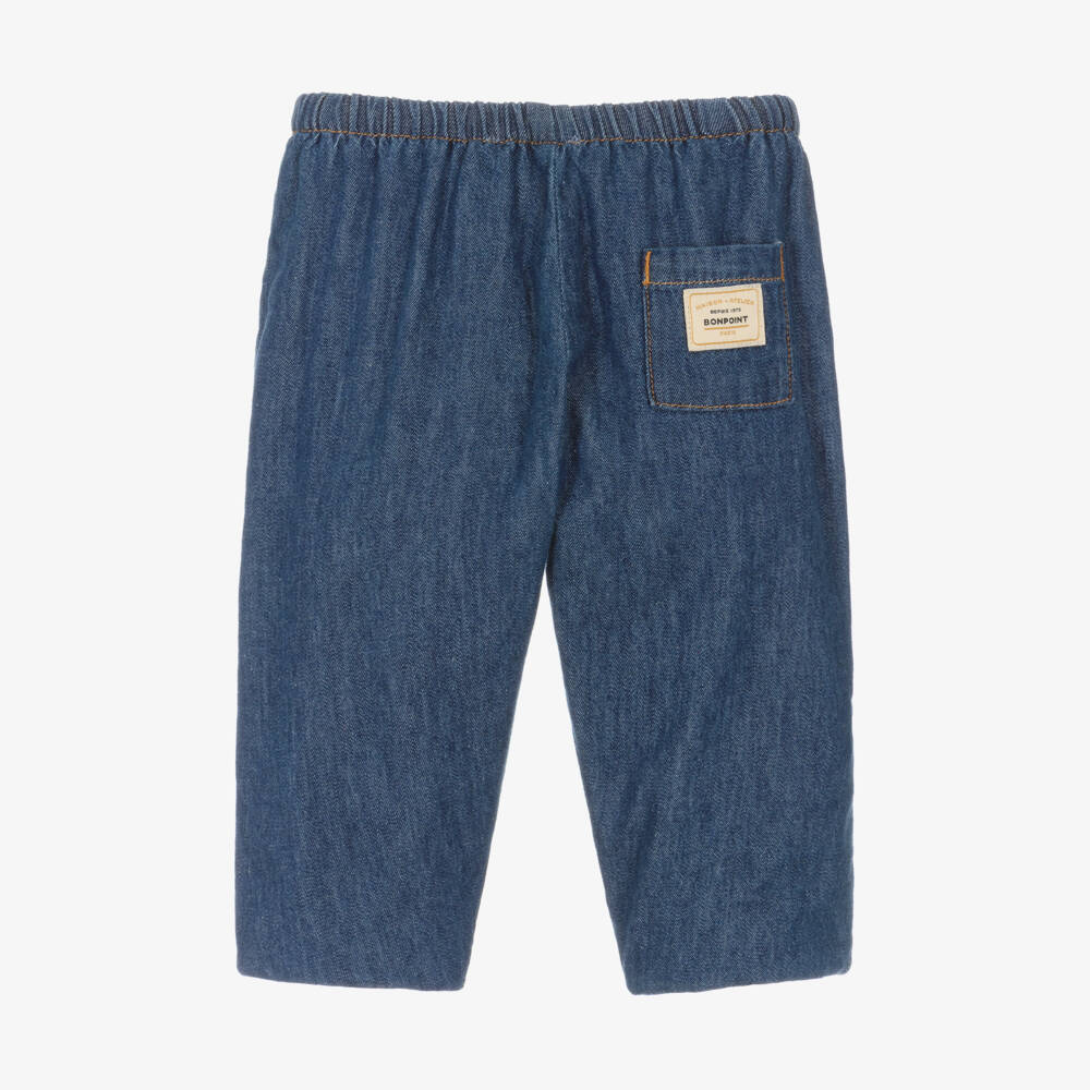Bonpoint-Blue Denim Trousers with Logo Patch | Childrensalon Outlet