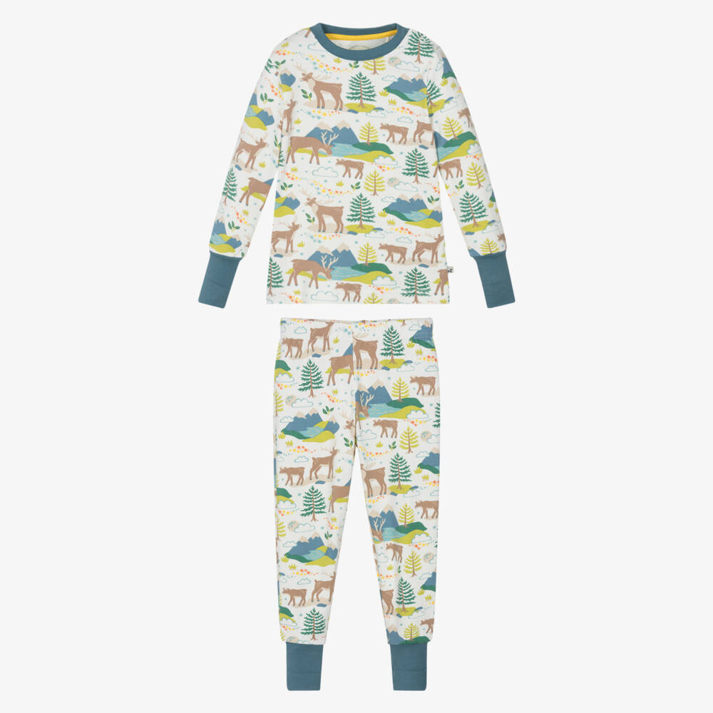 Frugi-Blue & Green Organic Cotton Pyjamas with Reindeer Print | Childrensalon Outlet