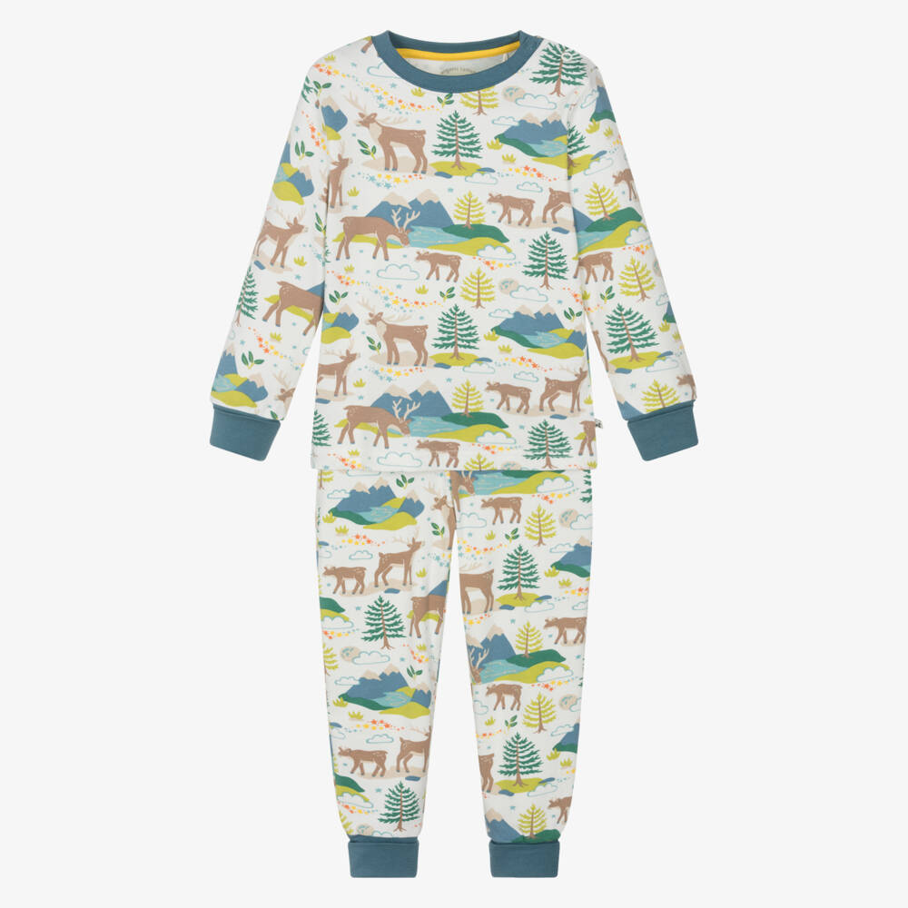 Frugi-Blue & Green Organic Cotton Pyjamas with Reindeer Print | Childrensalon Outlet