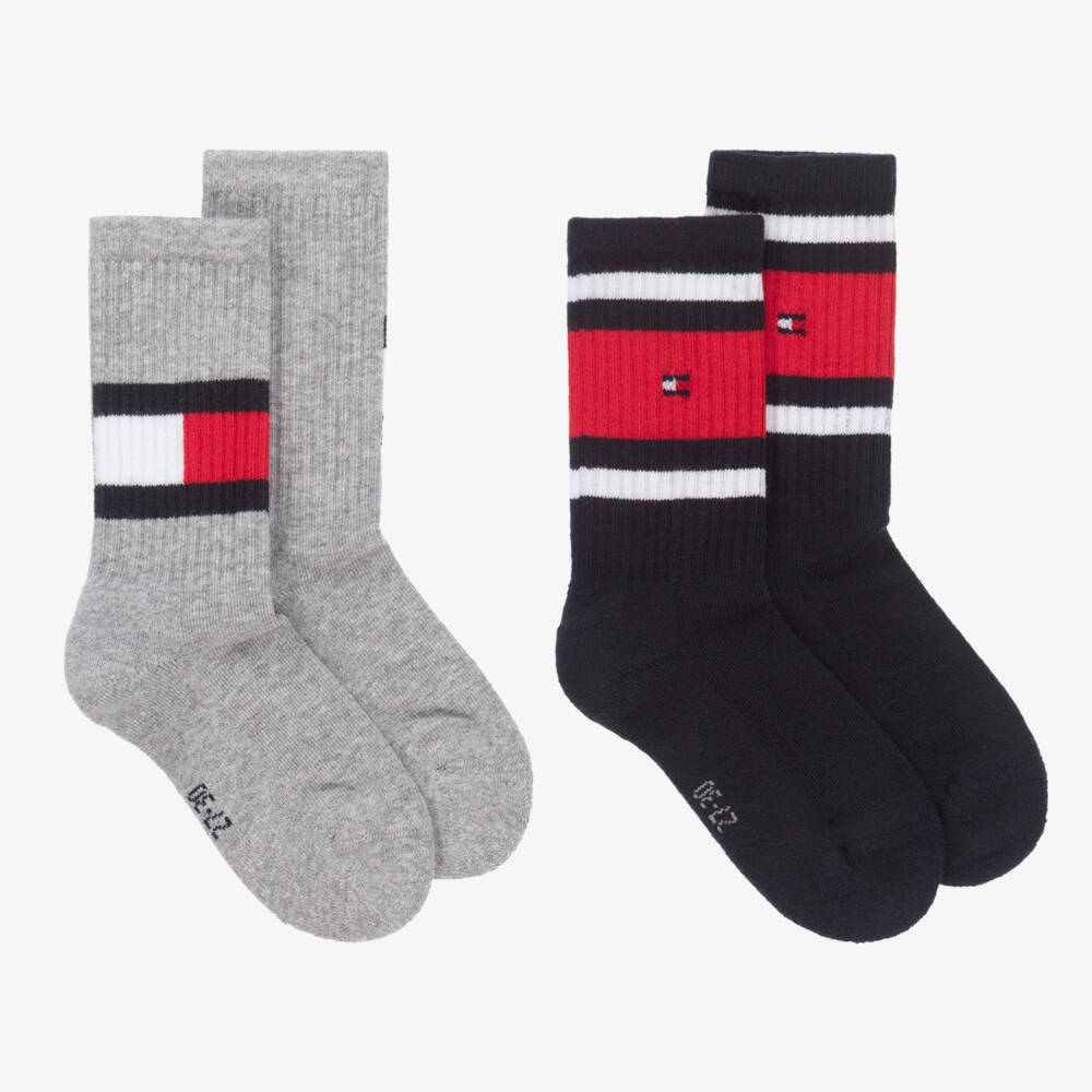 Tommy Hilfiger-Blue & Grey Cotton Sports Socks (2 Pack) | Childrensalon Outlet