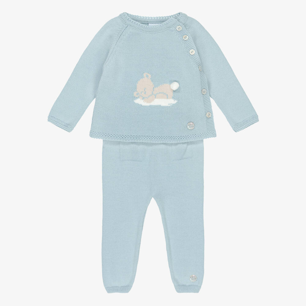 Artesanía Granlei-Blue Knitted Baby Trouser Set with Bear Motif | Childrensalon Outlet