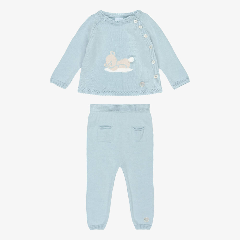Artesanía Granlei-Blue Knitted Baby Trouser Set with Bear Motif | Childrensalon Outlet