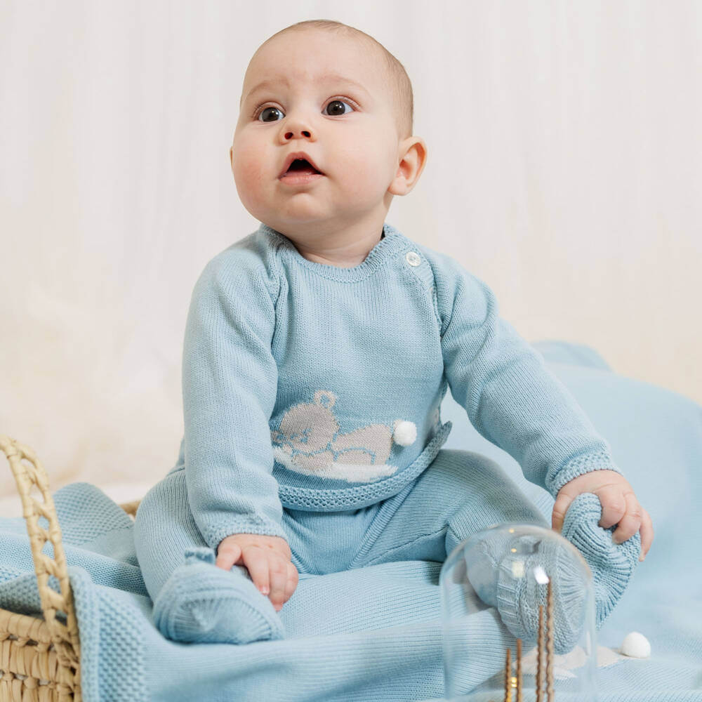 Artesanía Granlei-Blue Knitted Baby Trouser Set with Bear Motif | Childrensalon Outlet