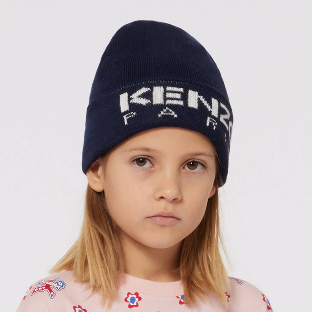 KENZO KIDS-Blue Knitted Beanie Hat with Logo Brim | Childrensalon Outlet