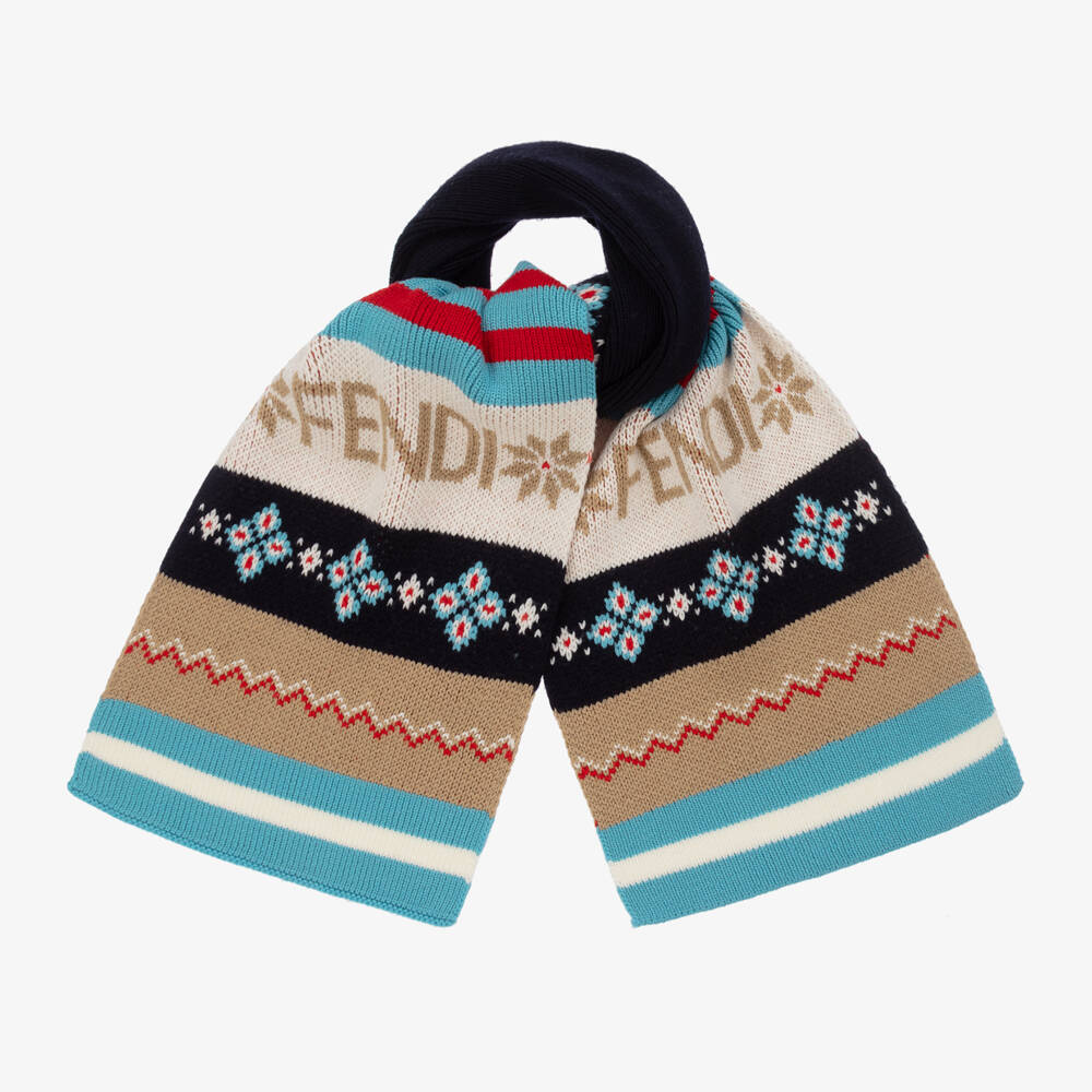 Fendi-Blue Patterned Wool Knit Scarf | Childrensalon Outlet