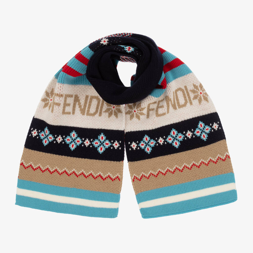 Fendi-Blue Patterned Wool Knit Scarf | Childrensalon Outlet