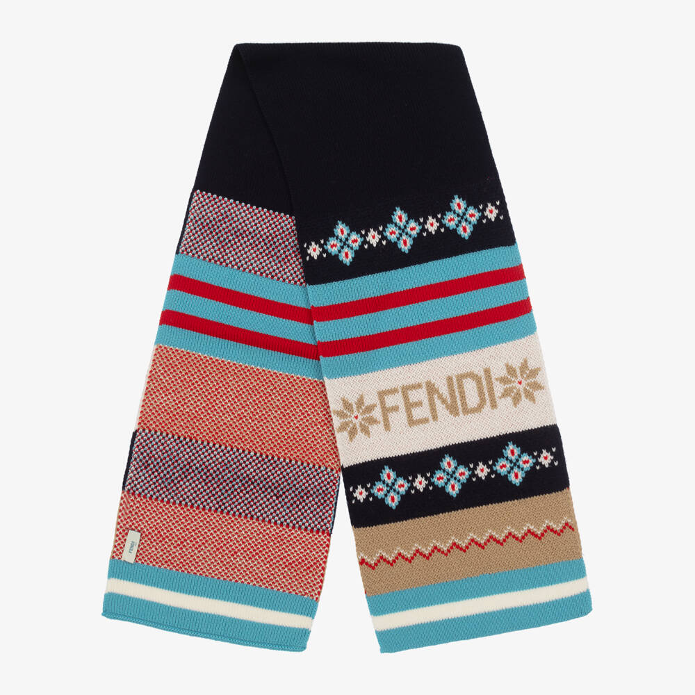 Fendi-Blue Patterned Wool Knit Scarf | Childrensalon Outlet