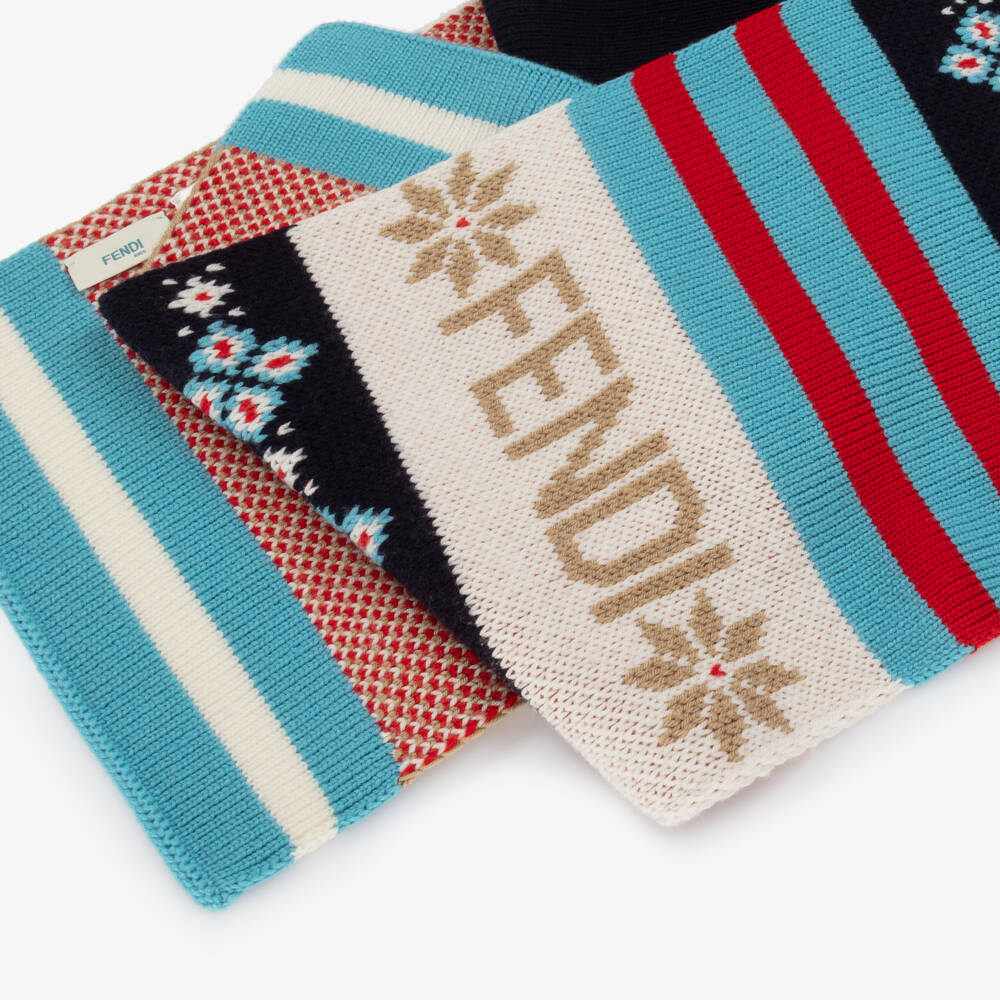 Fendi-Blue Patterned Wool Knit Scarf | Childrensalon Outlet