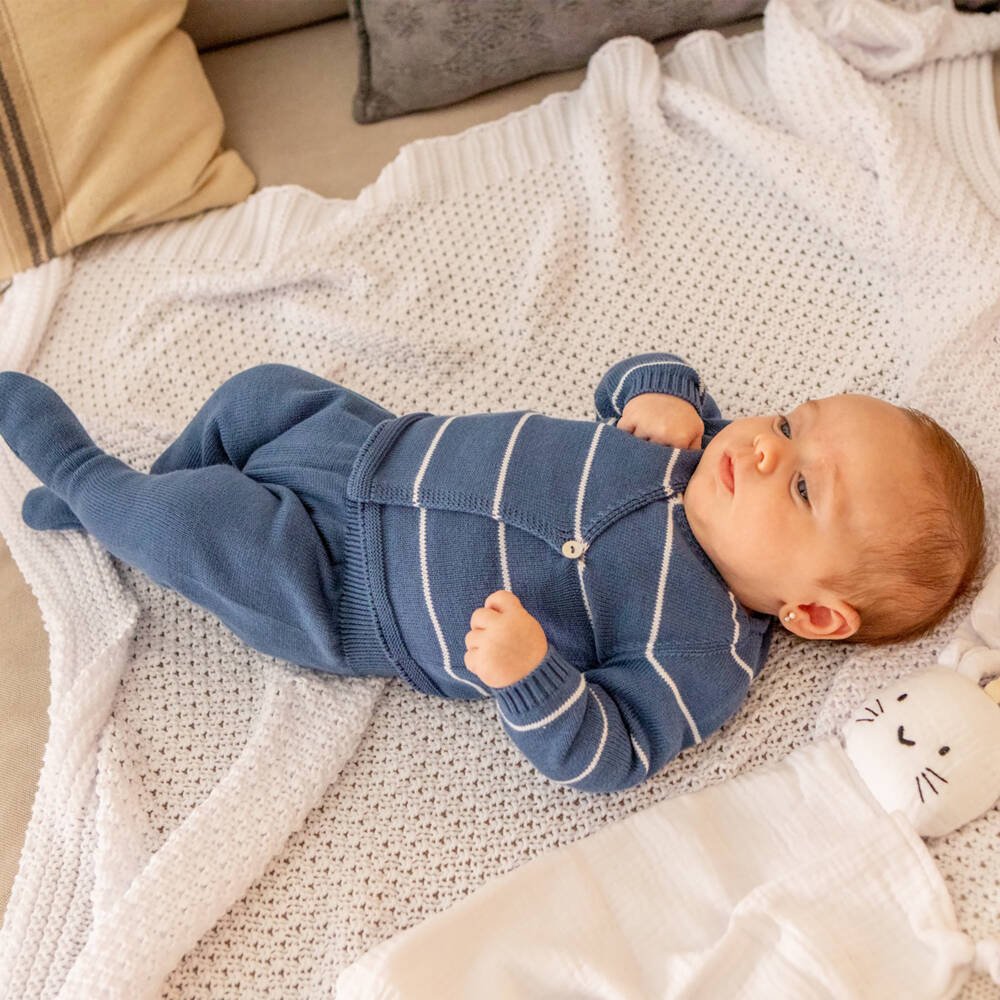 Minutus-Blue Stripe Cotton Knit 2 Piece Babygrow | Childrensalon Outlet