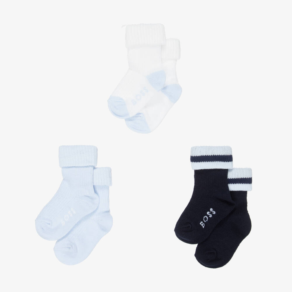 BOSS-Blue & White Cotton Baby Socks (3 Pack) | Childrensalon Outlet